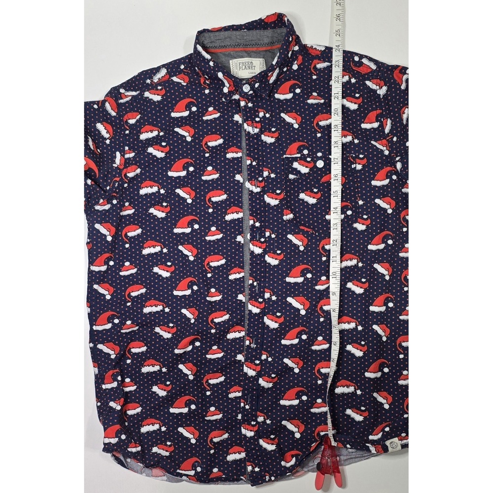 Free Planet Men's Christmas Shirt Large‎ Navy Santa Hat Button Down 100% Cotton - Picture 5 of 11